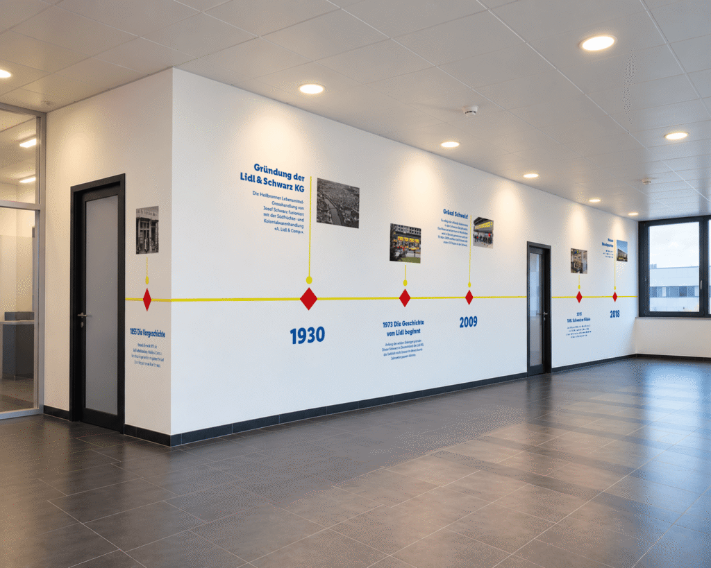 Lidl Schweiz Logistikzentrum in Derendingen Solothurn – Interior Branding Konzept mit Signaletik und Baubegleitung Heritagewall